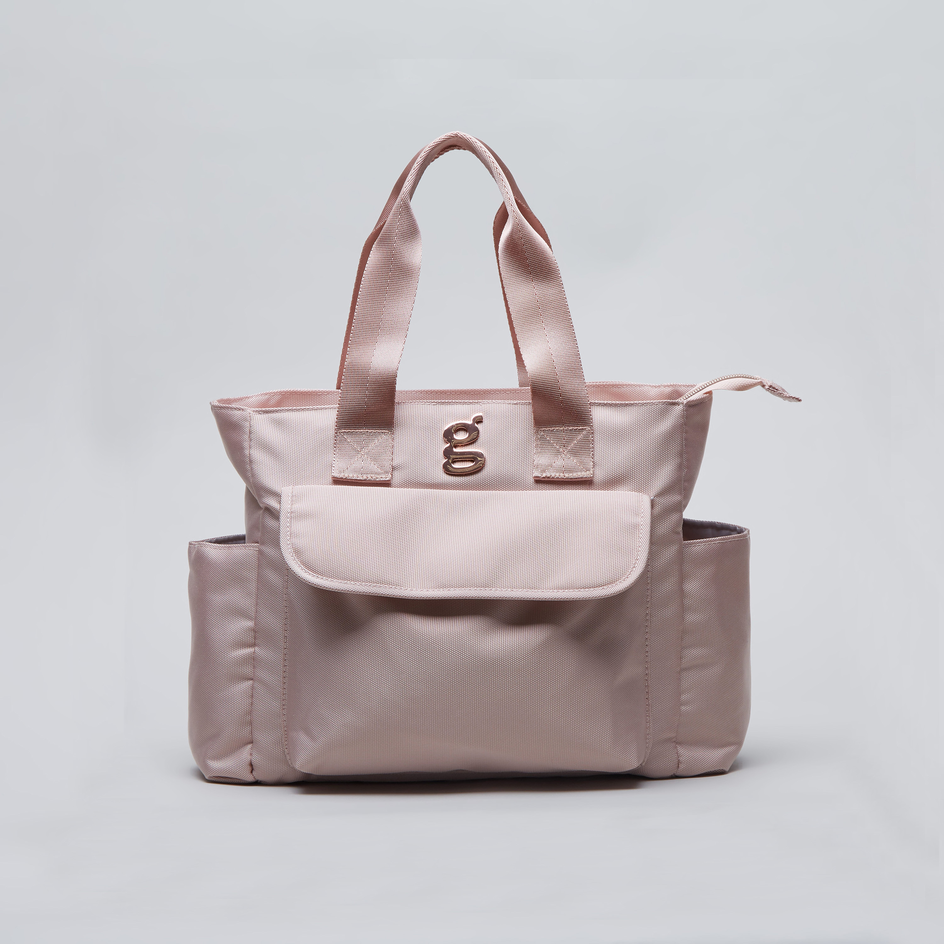 Pink and store grey diaper bag