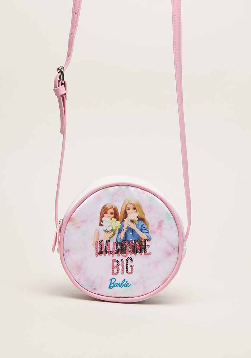 Barbie Print Round Handbag with Sequin Detail-Bags and Backpacks-image-0