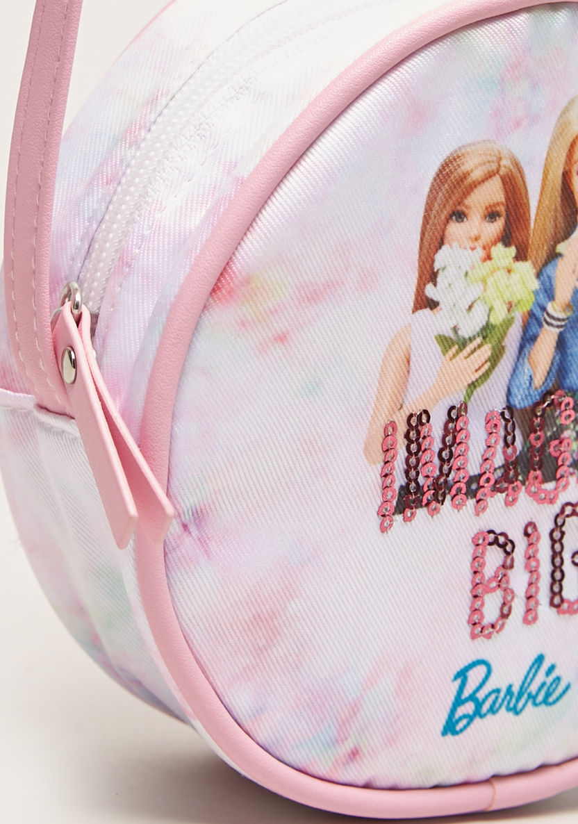 Barbie Print Round Handbag with Sequin Detail-Bags and Backpacks-image-1