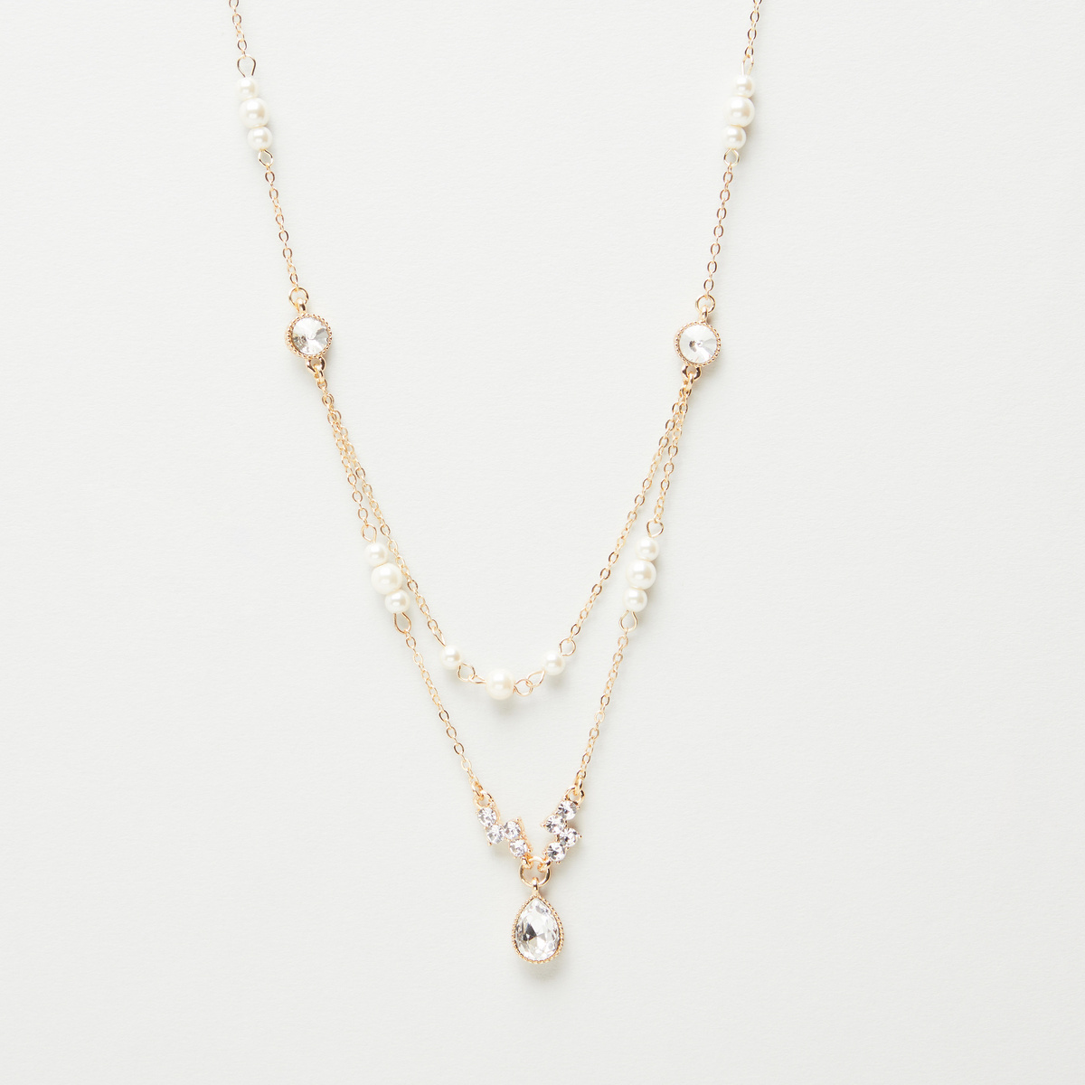 Double Chain Teardrop Crystal Embellished Pearl Pendant