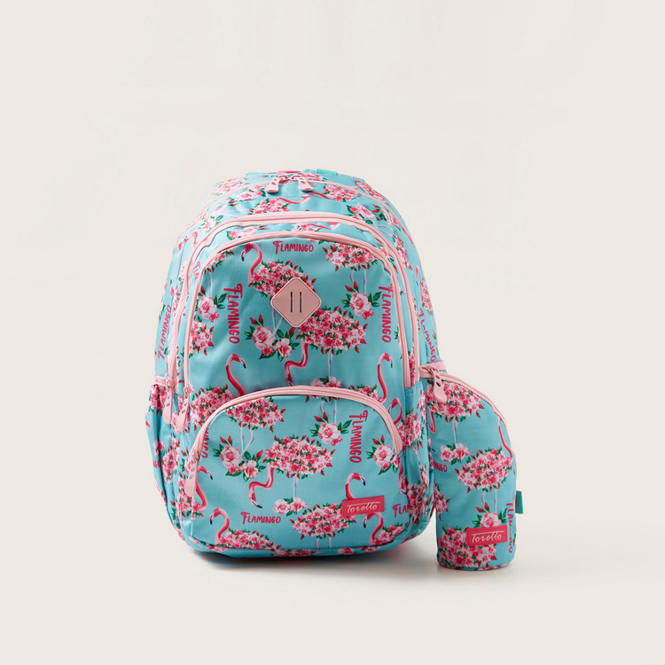 Toretto Flamingo Print Backpack with Pencil Case - 14 inches