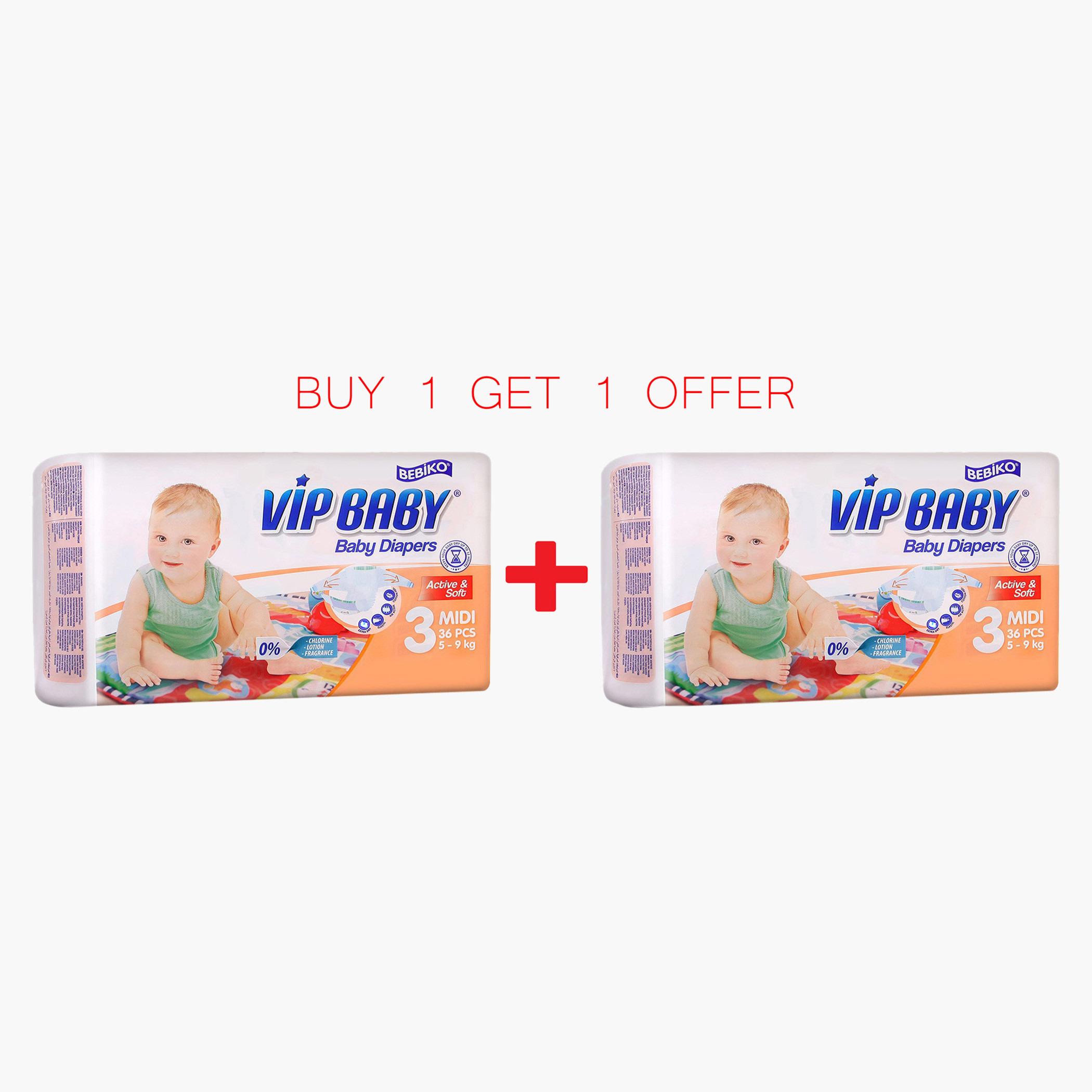 Bebiko Vip Baby Diaper Size 3 5-9 Kgs 72 Pieces - Buy 1 Get 1 Free-baby-diapering-diapers-image-1