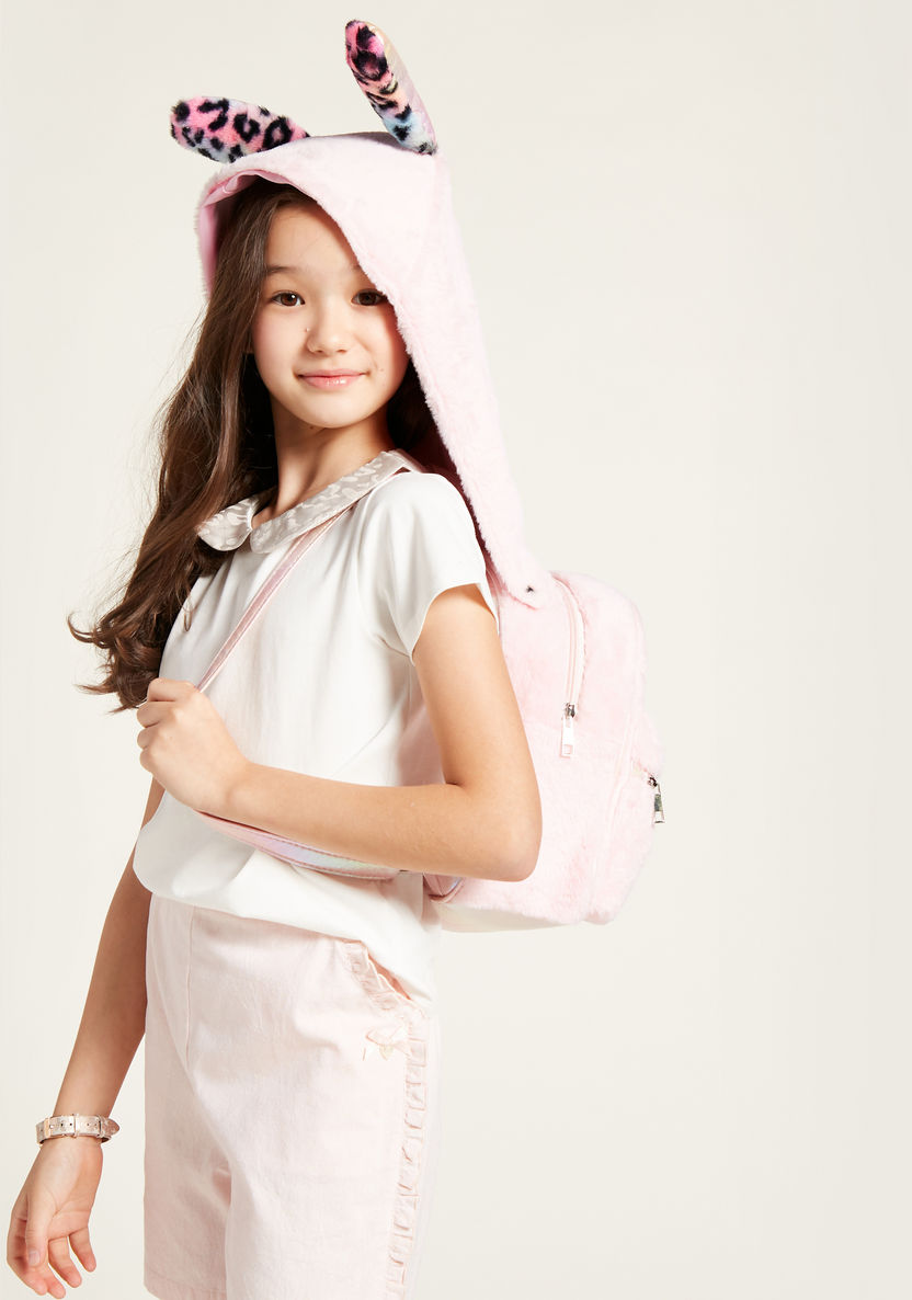 Charmz Plush Backpack with Hood and Zip Closure-Bags and Backpacks-image-0