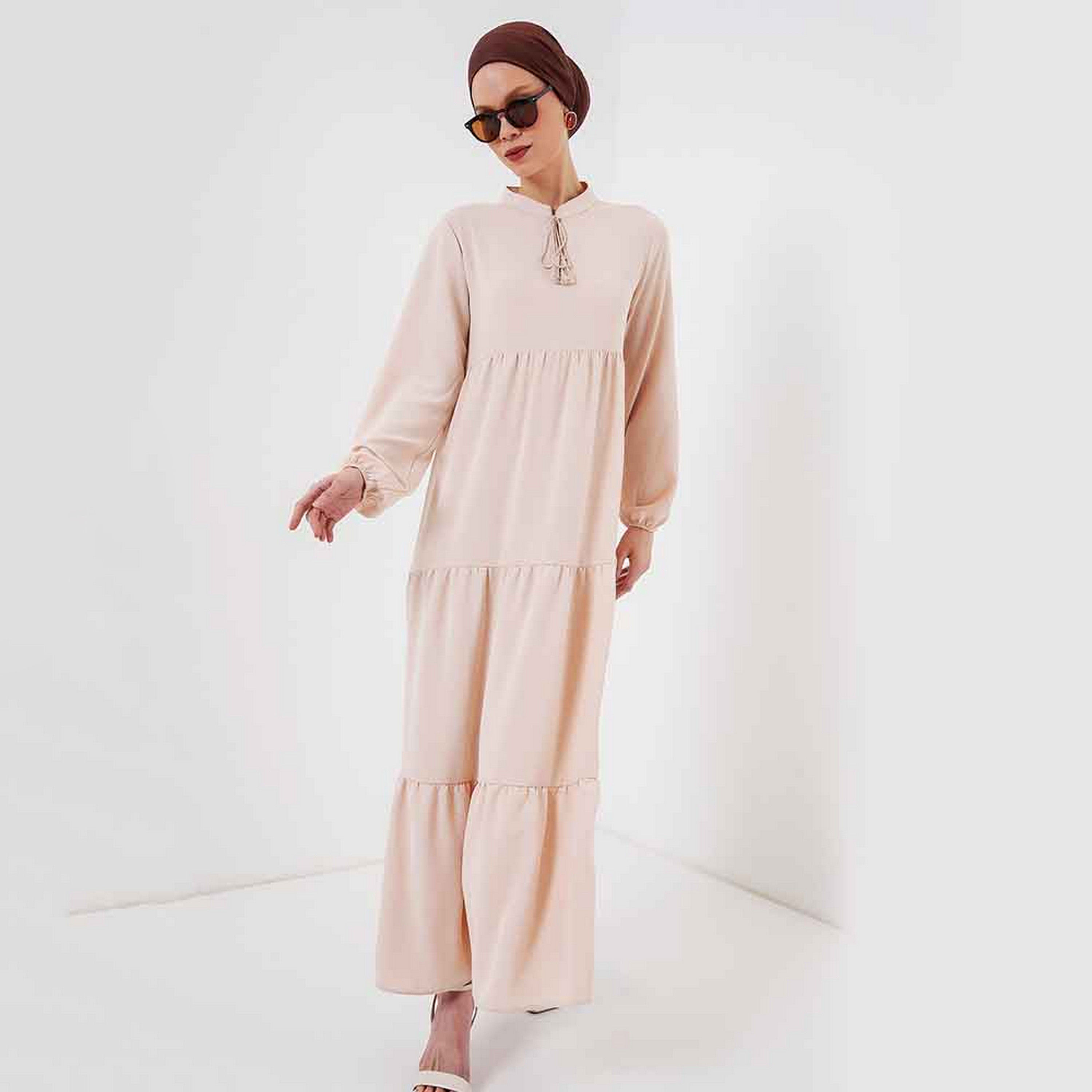 فستان ماكسي نسائي بياقة الماندرين مع ربطة عنق وطبقات من بيجدارت-women-clothing-dresses-image-5