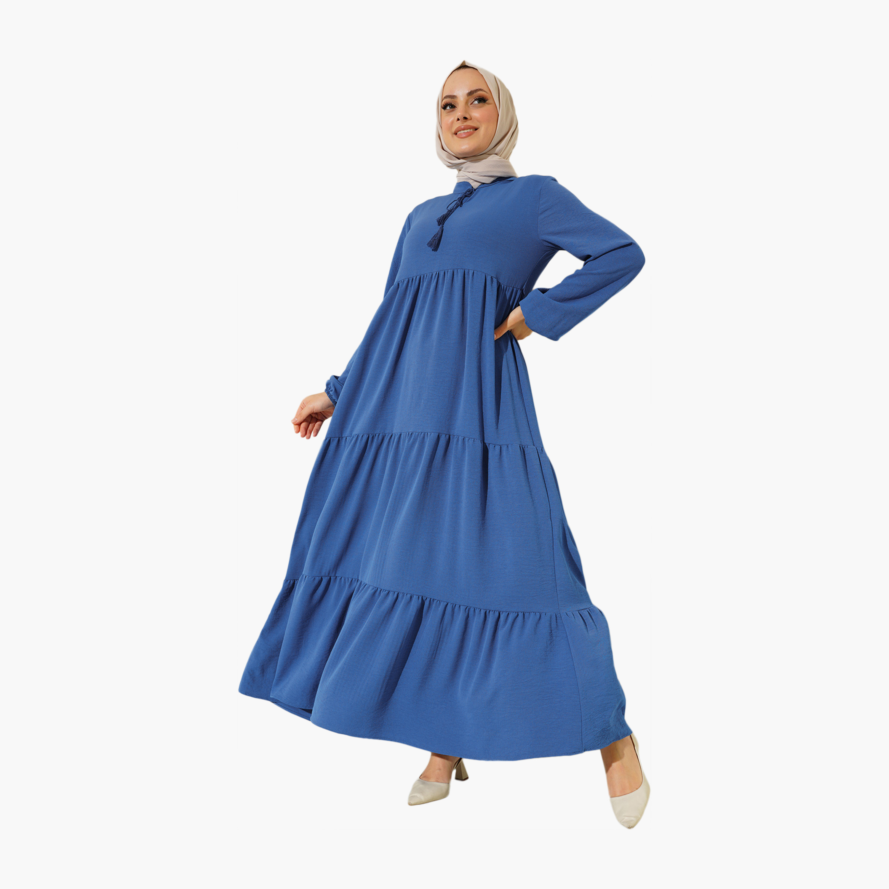 فستان ماكسي نسائي بطبقات وياقة برباط من بيجدارت-women-clothing-dresses-image-2