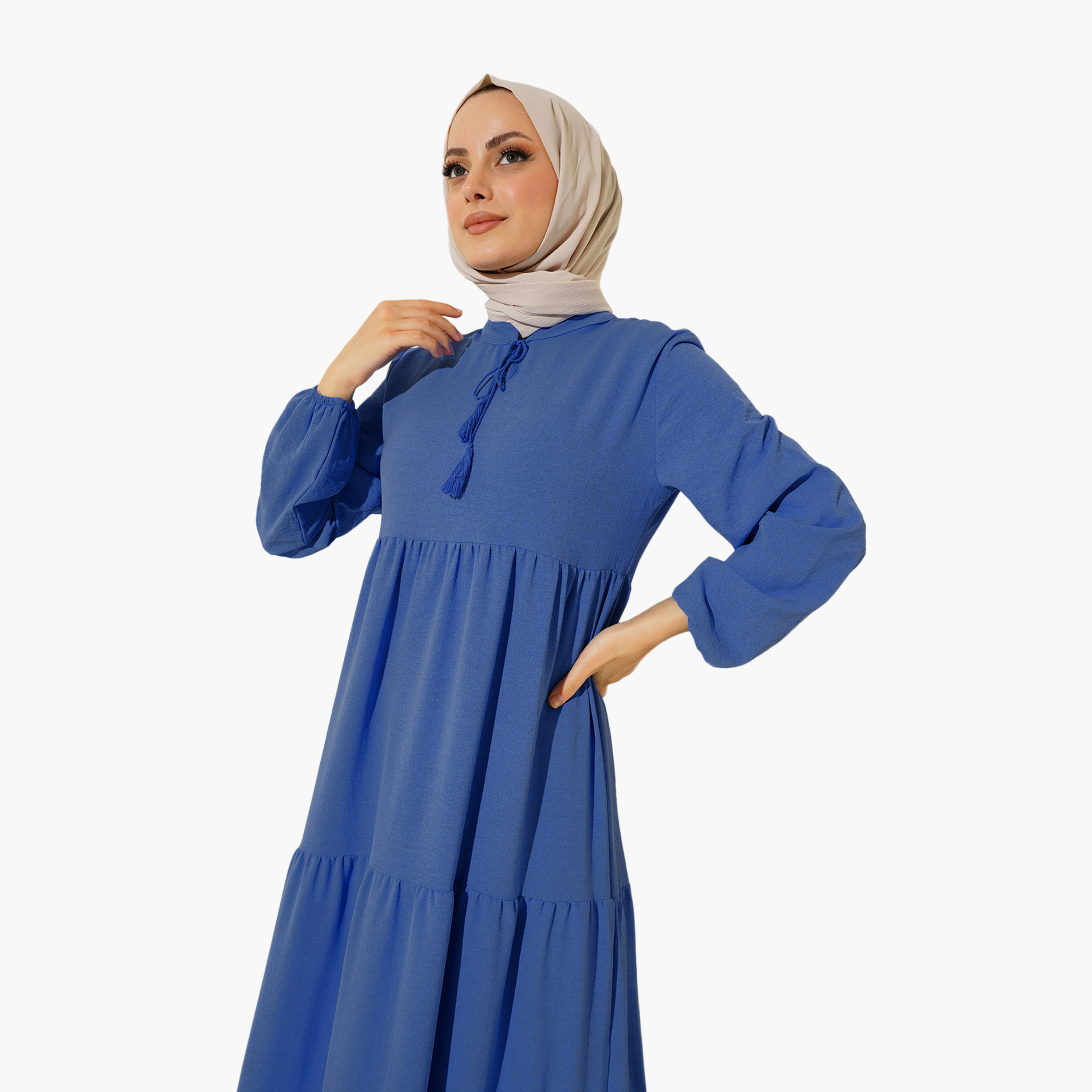 فستان ماكسي نسائي بطبقات وياقة برباط من بيجدارت-women-clothing-dresses-image-4