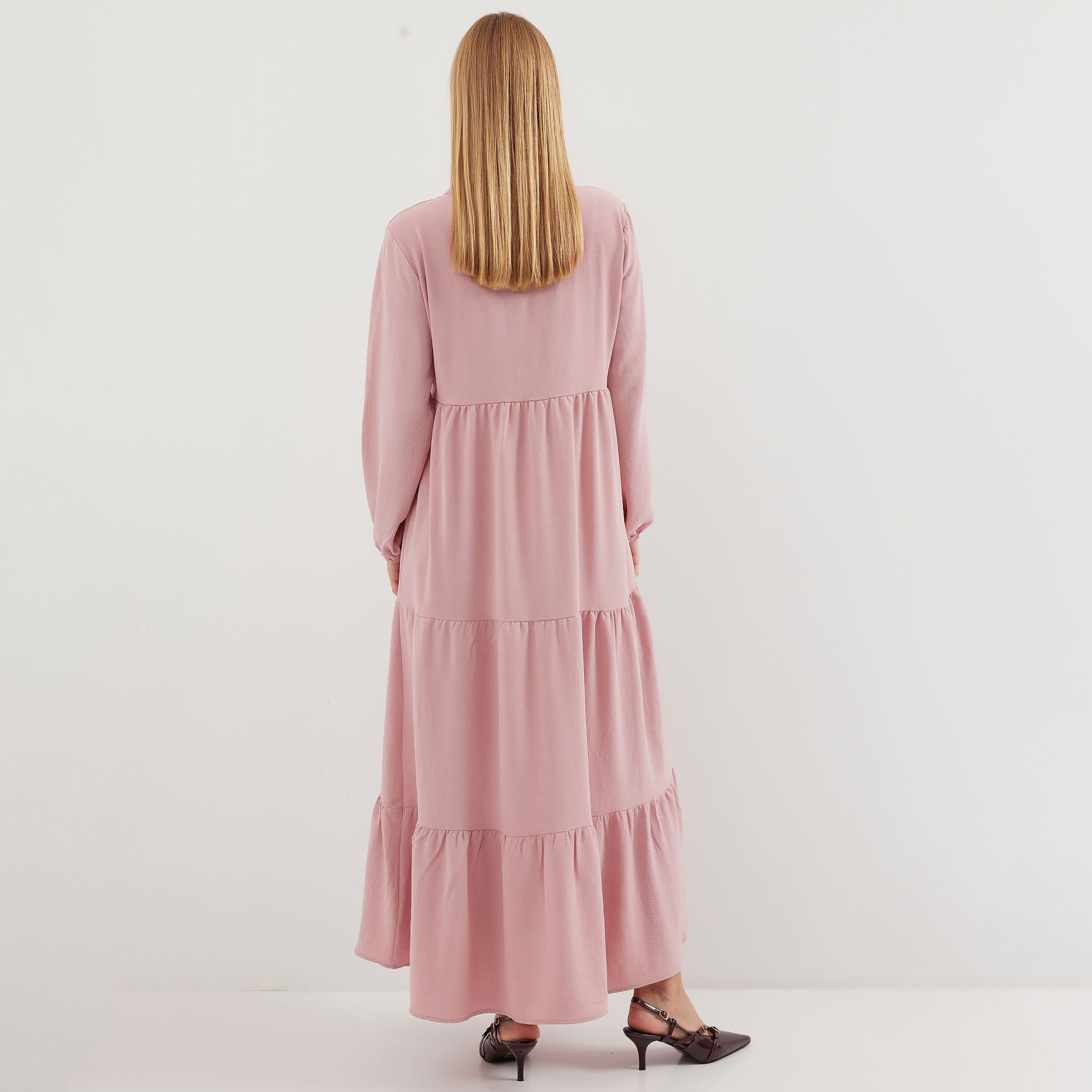 فستان ماكسي نسائي بياقة الماندرين مع ربطة عنق وطبقات، وردي من بيجدارت-women-clothing-dresses-image-4