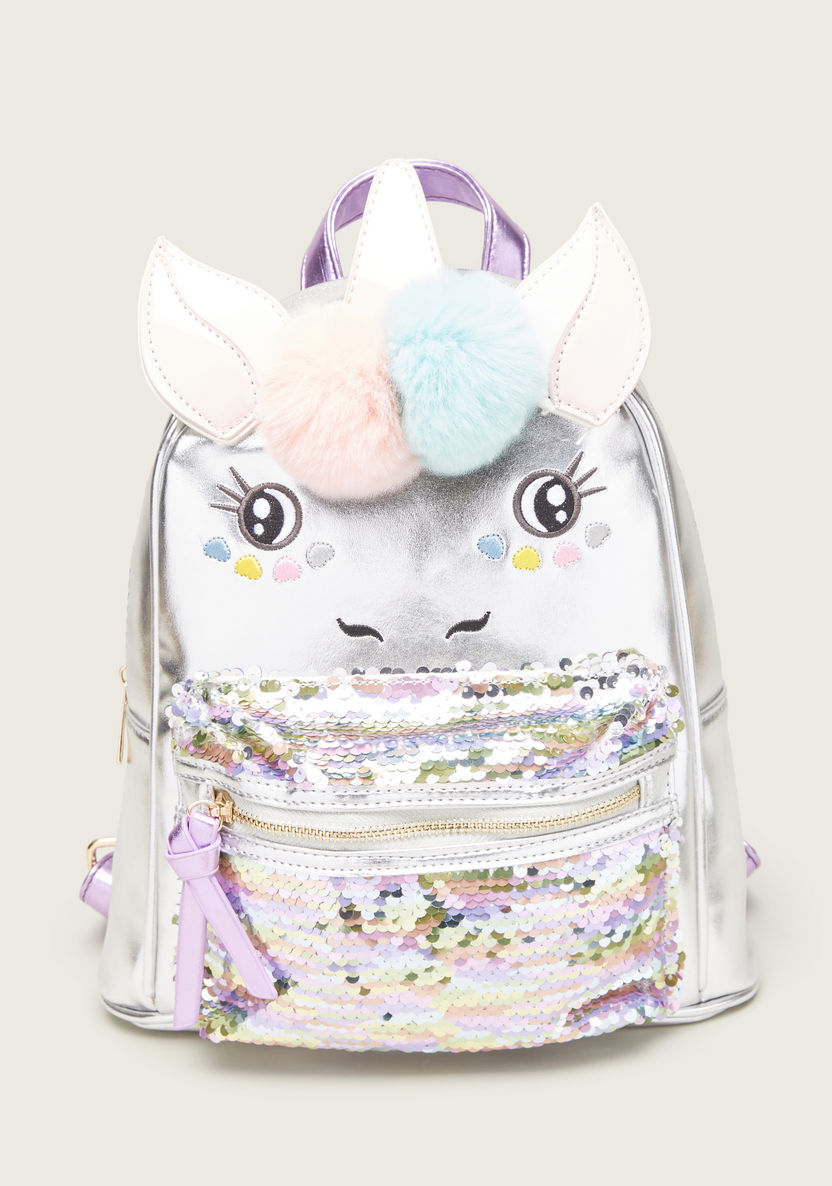 Charmz Sequin Embellished Unicorn Backpack with Pom Poms-Bags and Backpacks-image-0