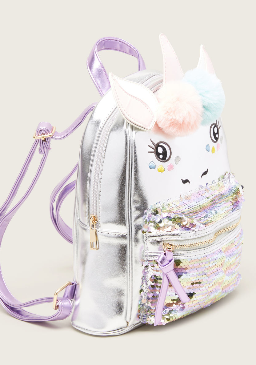 Charmz Sequin Embellished Unicorn Backpack with Pom Poms-Bags and Backpacks-image-2