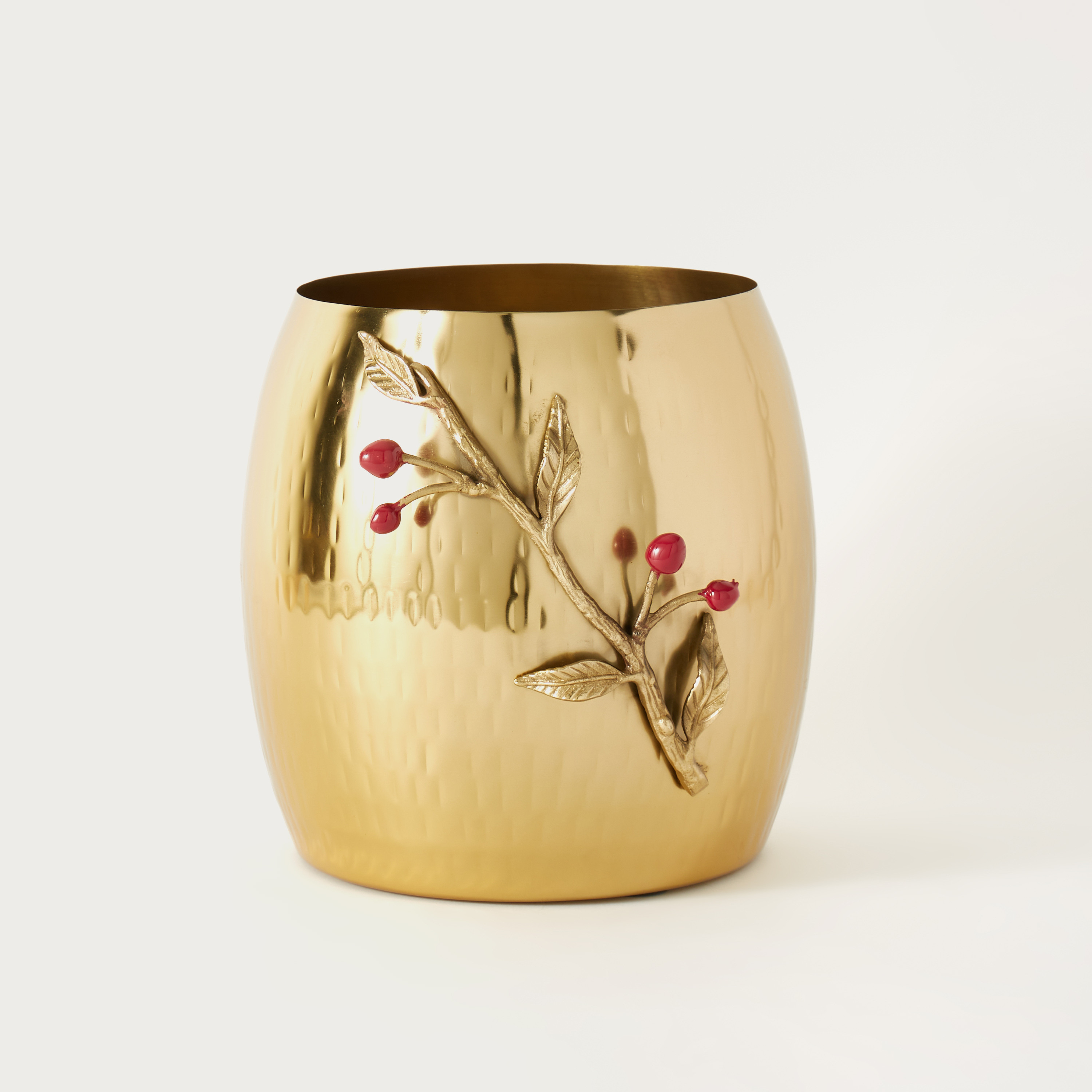 Elongated Hammered Waste Bin with Cherry Accent-household-bathandlaundry-wastebinsandaccessories-image-1