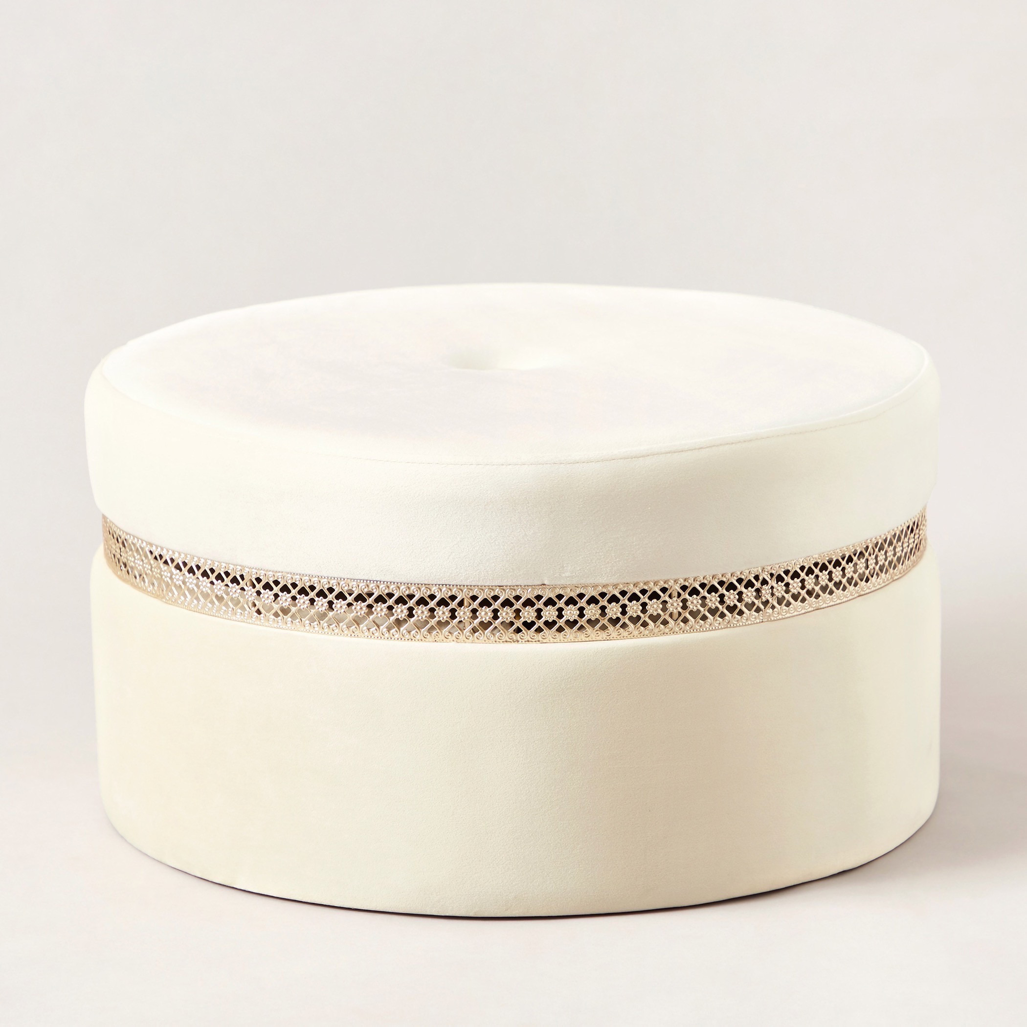 Velvet Pouf with Metal Ring - 60x60x32 cms-furniture-sofaandseating-ottomansbeanbagsandpoufs-image-1