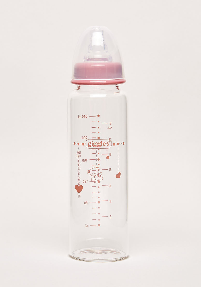 Giggles Printed Glass Feeding Bottle with Cover - 240 ml-Bottles and Teats-image-0