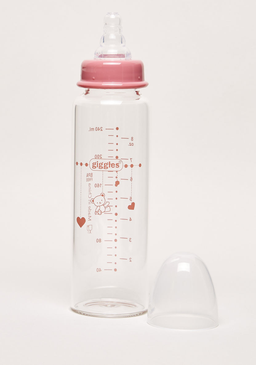 Giggles Printed Glass Feeding Bottle with Cover - 240 ml-Bottles and Teats-image-1