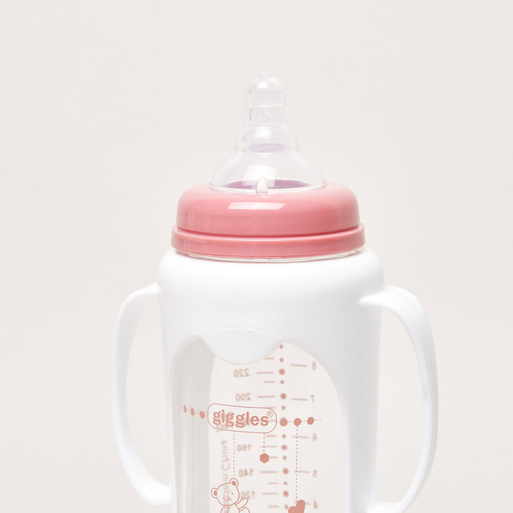 Giggles Printed Glass Feeding Bottle with Cover - 250 ml