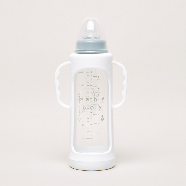 Giggles Printed Glass Feeding Bottle with Cover - 240 ml