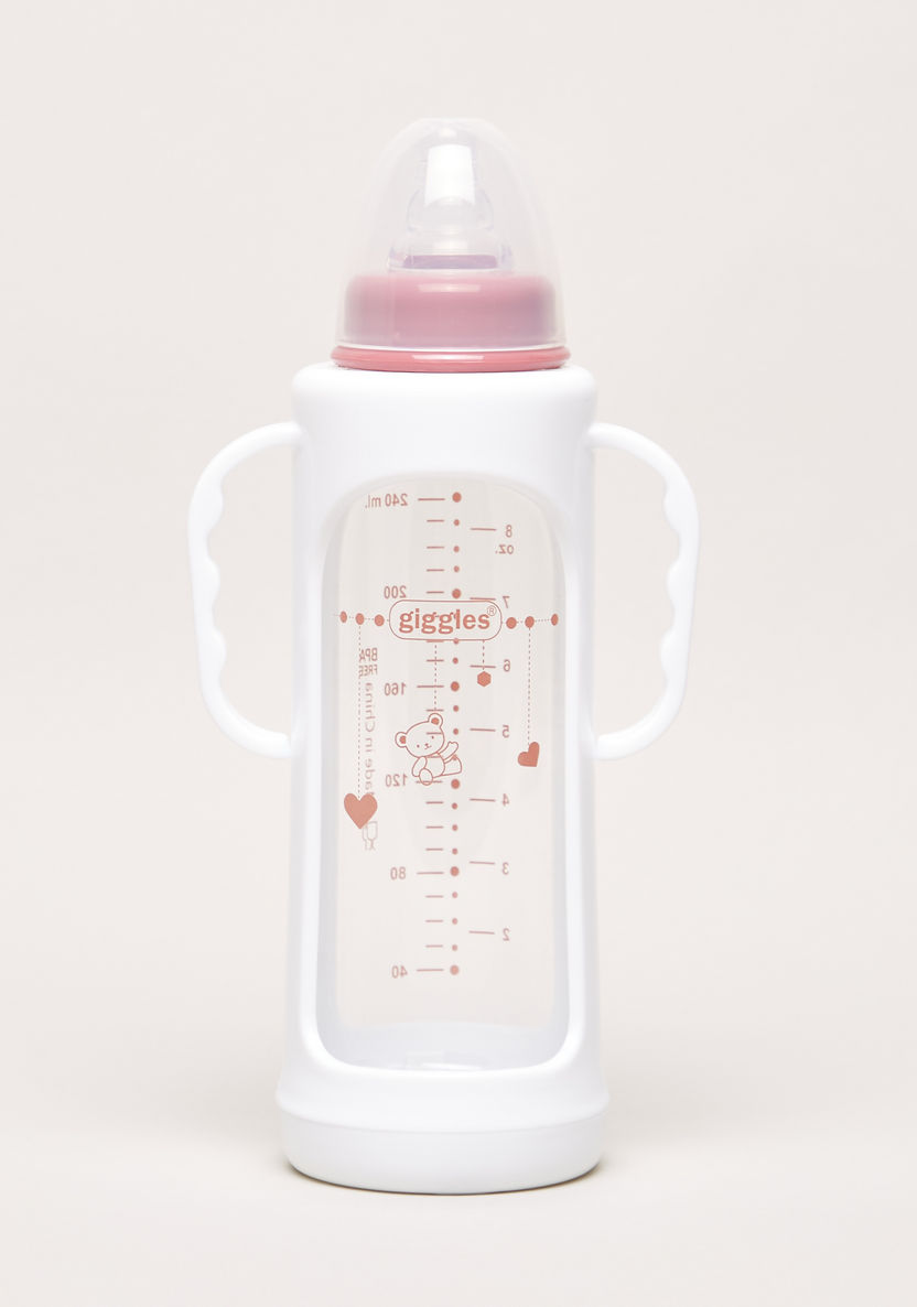 Giggles Printed Glass Feeding Bottle with Cover - 240 ml-Bottles and Teats-image-0