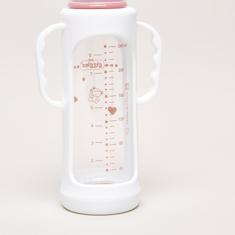 Giggles Printed Glass Feeding Bottle with Cover - 240 ml
