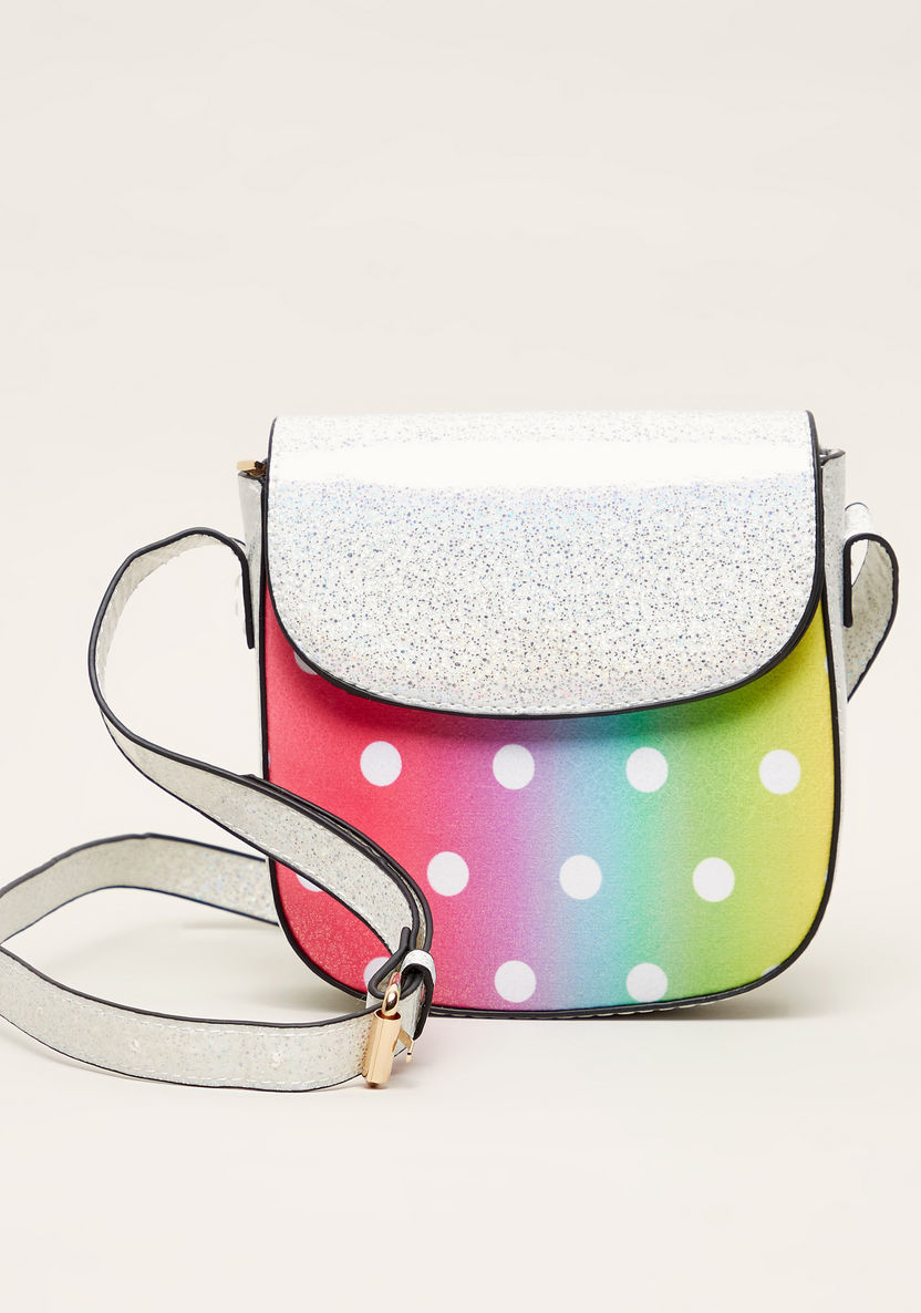 Charmz Polka Dot Print Satchel Bag with Glitter Detail and Zip Closure-Bags and Backpacks-image-0