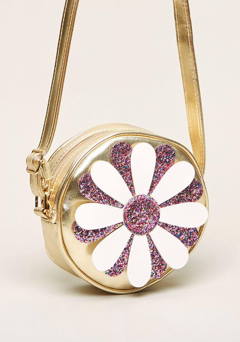 Textured Applique Round Sling Bag with Zip Closure-Bags and Backpacks-image-1