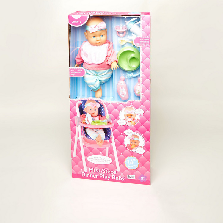 Juniors First Steps Dinner Play Baby Doll Playset - 36 cms