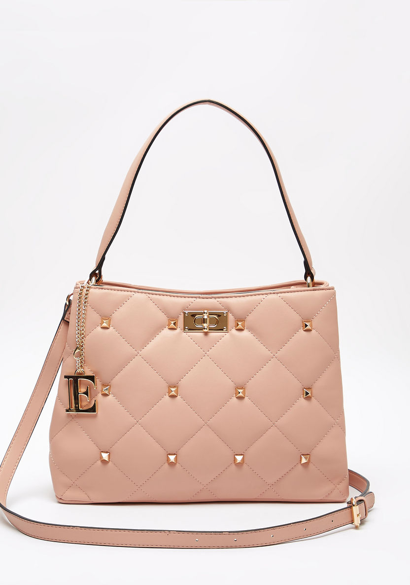ELLE Quilted Shoulder Bag with Stud Detail and Adjustable Strap-Women%27s Handbags-image-0