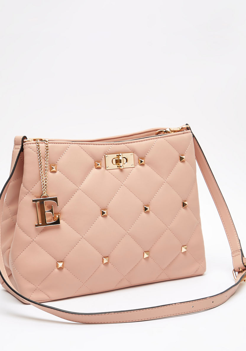 ELLE Quilted Shoulder Bag with Stud Detail and Adjustable Strap-Women%27s Handbags-image-4