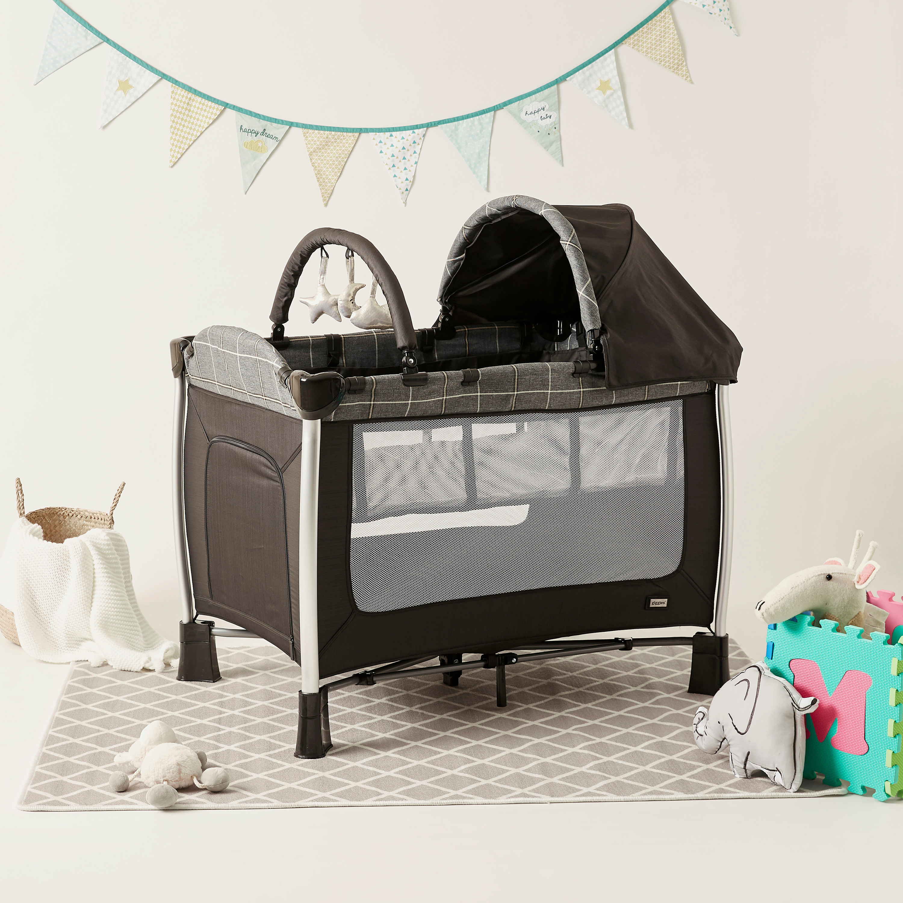 Giggles Bedford Black Travel Cot with Canopy and Attached Play Toys (Upto 3 years)-baby-nursery-furniture-cribsandbeds-travelcots-image-1