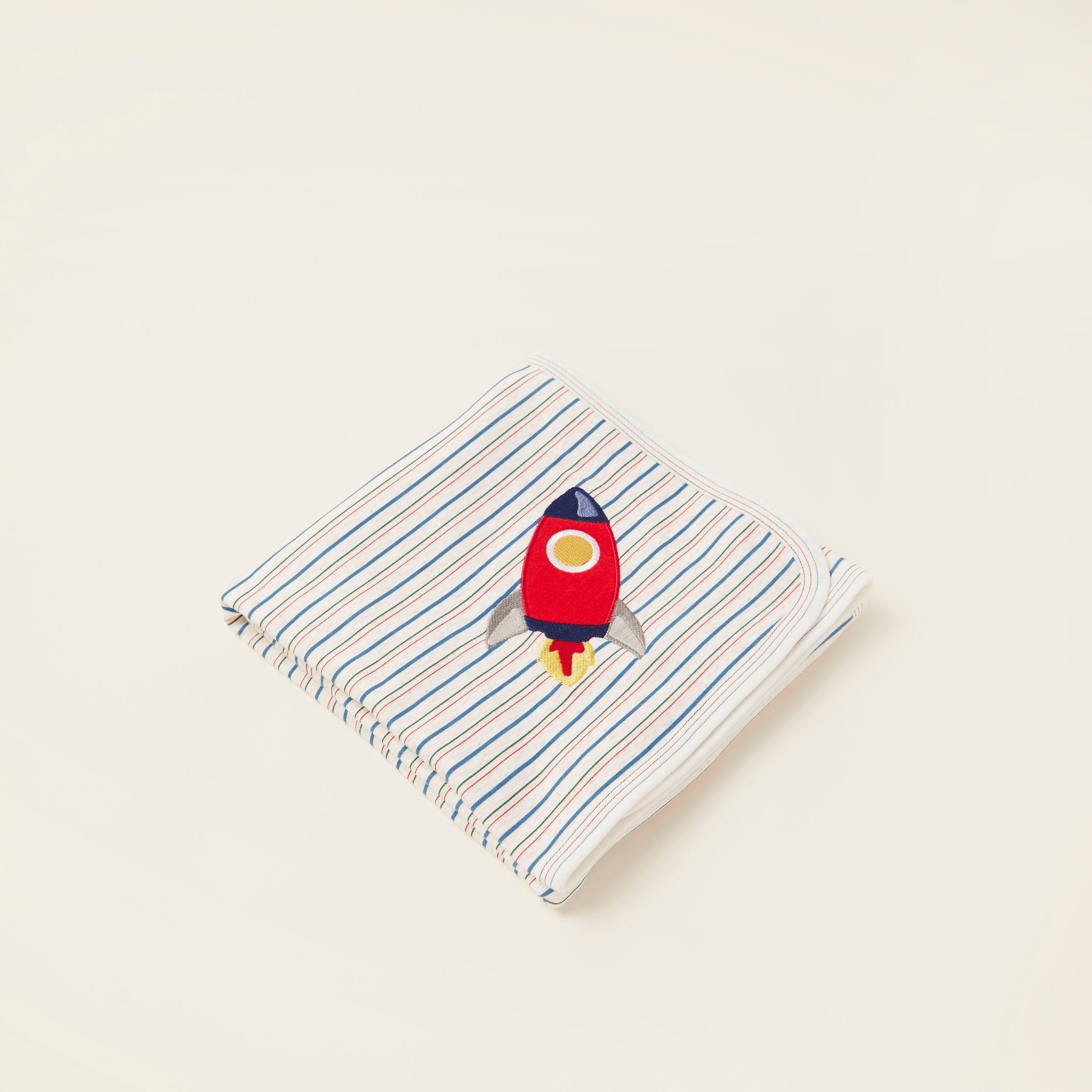 Juniors Striped Receiving Blanket with Rocket Embroidery - 76x102 cms-baby-nursery-blanketsandswaddles-receivingblankets-image-1