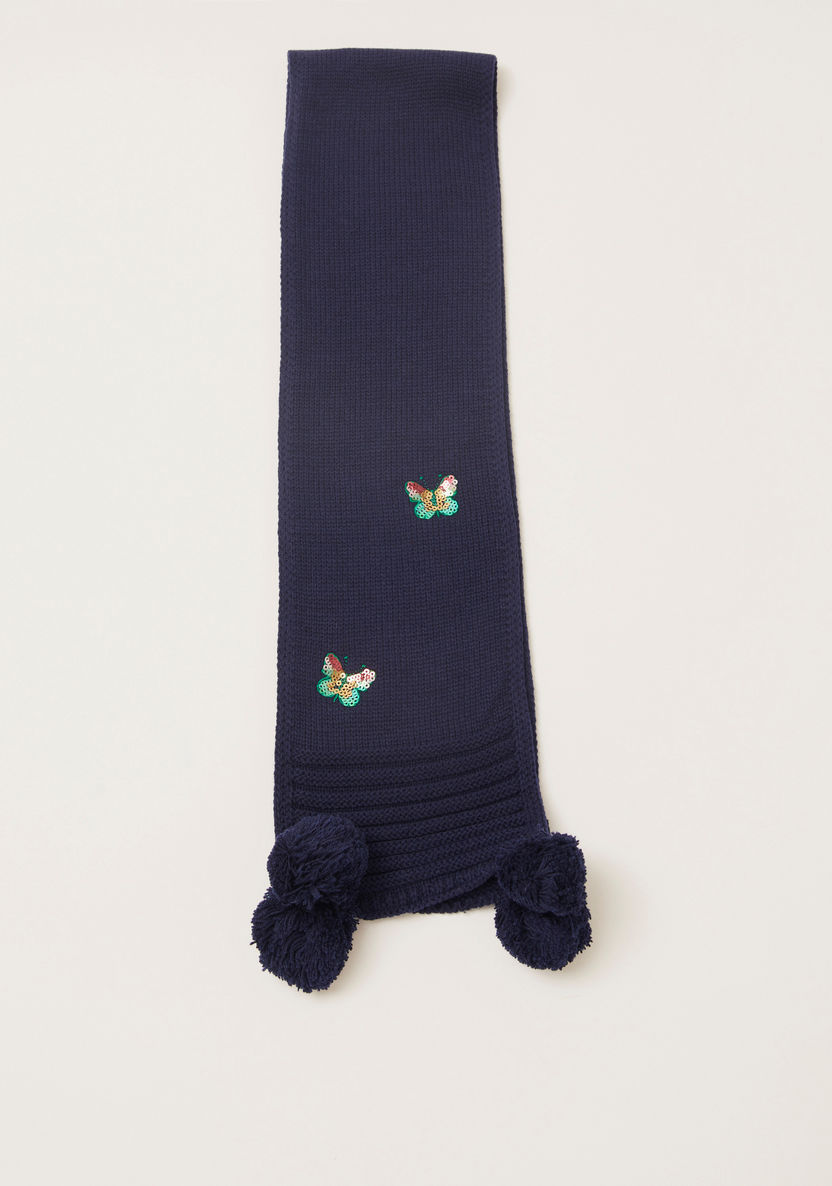 Juniors Textured Scarf with Butterfly Embroidery and Pom-Pom Detail-Scarves-image-1