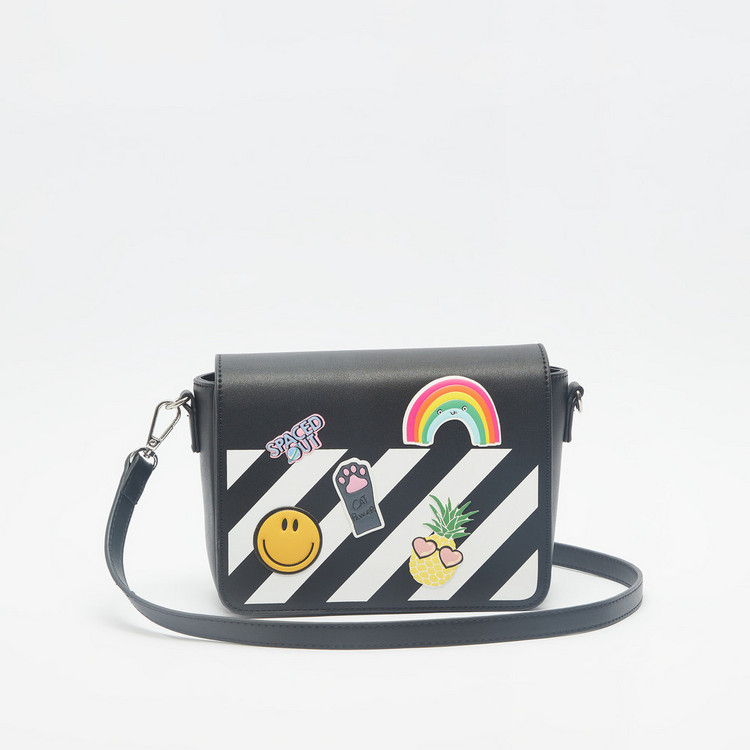 Missy Striped Denim Crossbody Bag with Detachable Strap and Patch Detail