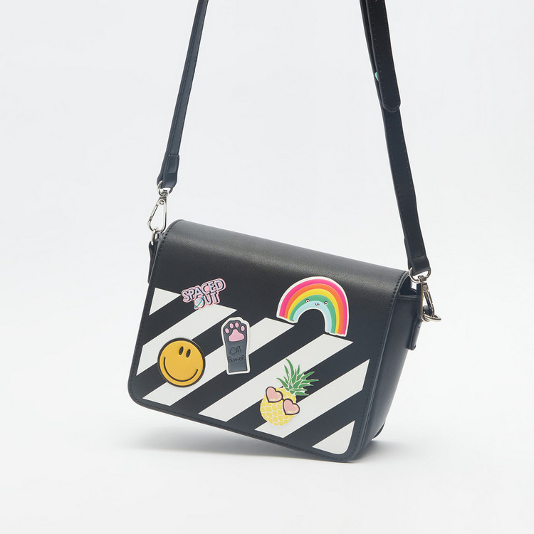 Missy Striped Denim Crossbody Bag with Detachable Strap and Patch Detail