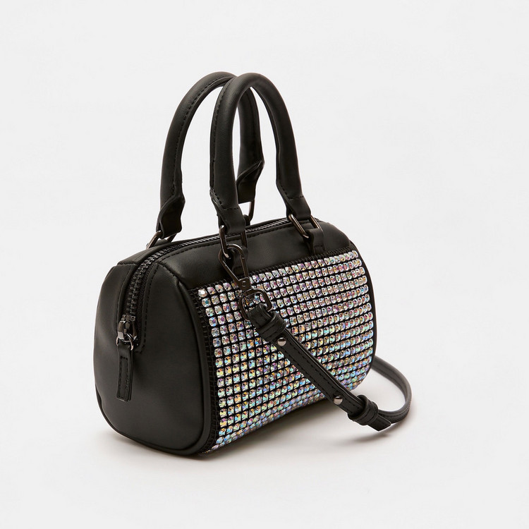 Missy Rhinestone Embellished Bowler Bag with Detachable Strap