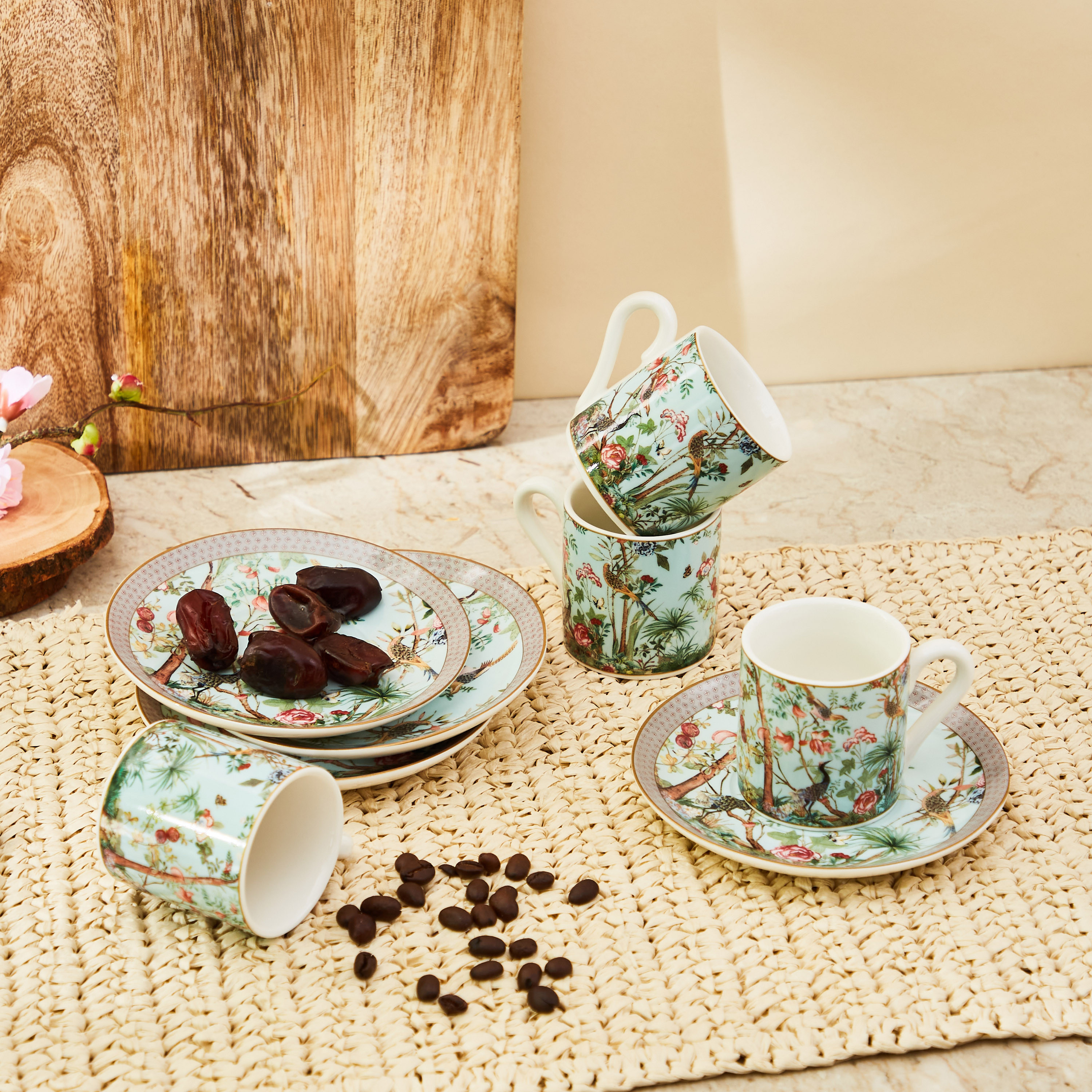 Buy Floral Print 4-Piece Porcelain Espresso Cup and Saucer Set Online ...