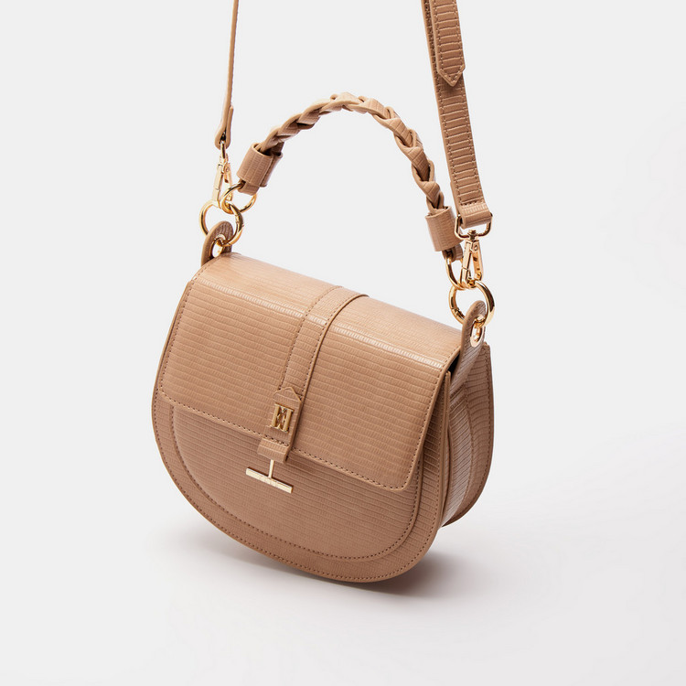 ELLE Textured Satchel Bag with Detachable Strap and Flap Closure