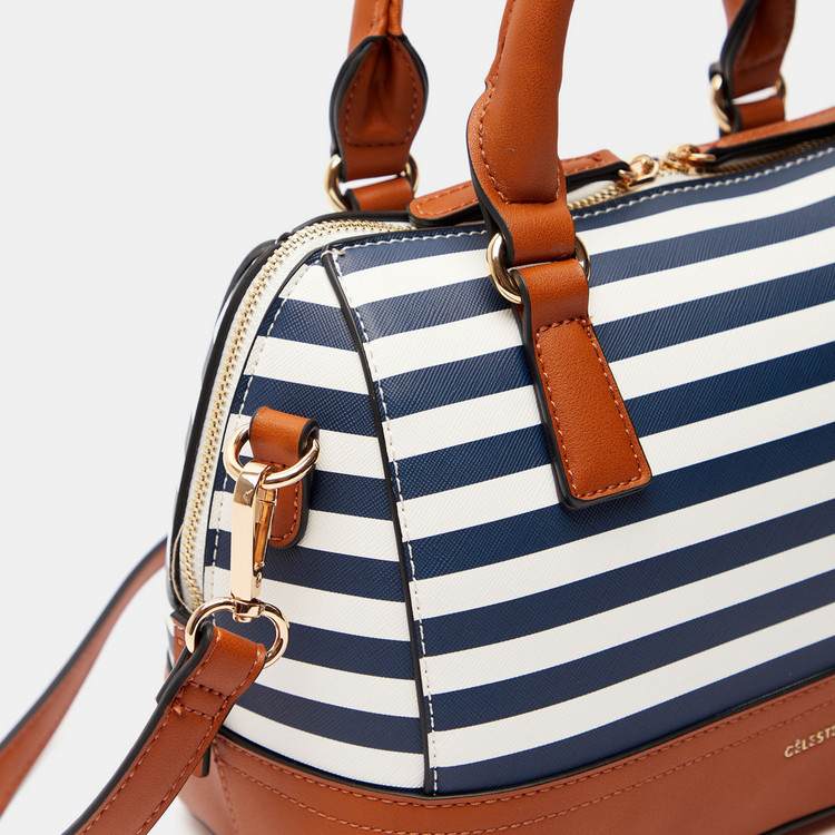 Celeste Striped Tote Bag with Detachable Strap and Zip Closure