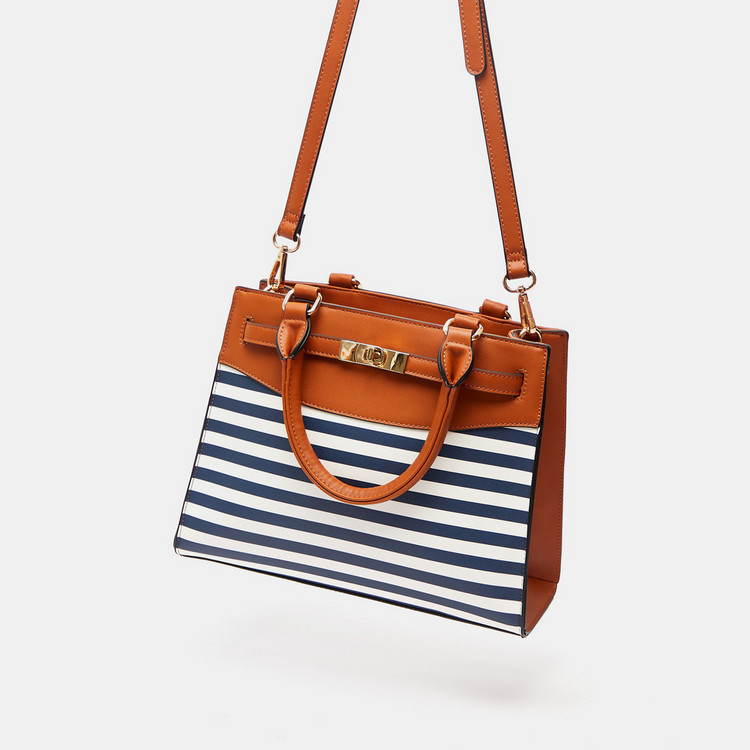 Celeste Striped Tote Bag with Detachable Strap and Zip Closure