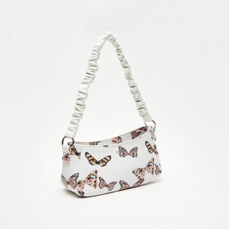 Missy Butterfly Print Shoulder Bag with Ruffle Strap and Zip Closure