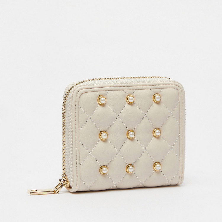 Celeste Quilted Zip Around Wallet with Pearl Accent