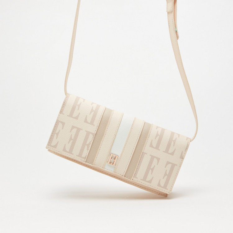 ELLE Monogram Print Crossbody Bag with Flap Closure and Adjustable Strap
