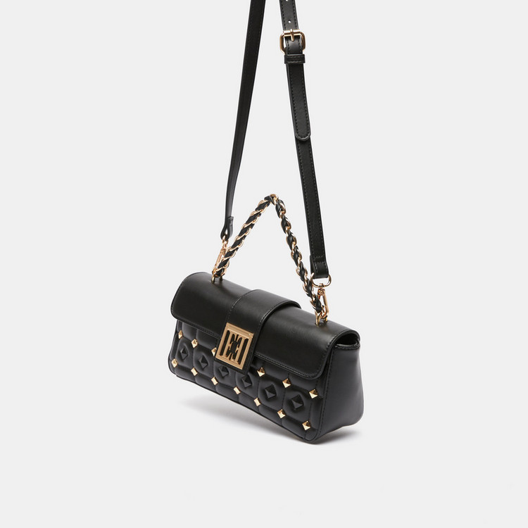 ELLE Quilted Satchel Bag with Stud and Chain Detail