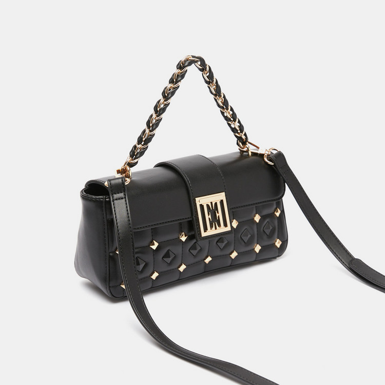 ELLE Quilted Satchel Bag with Stud and Chain Detail