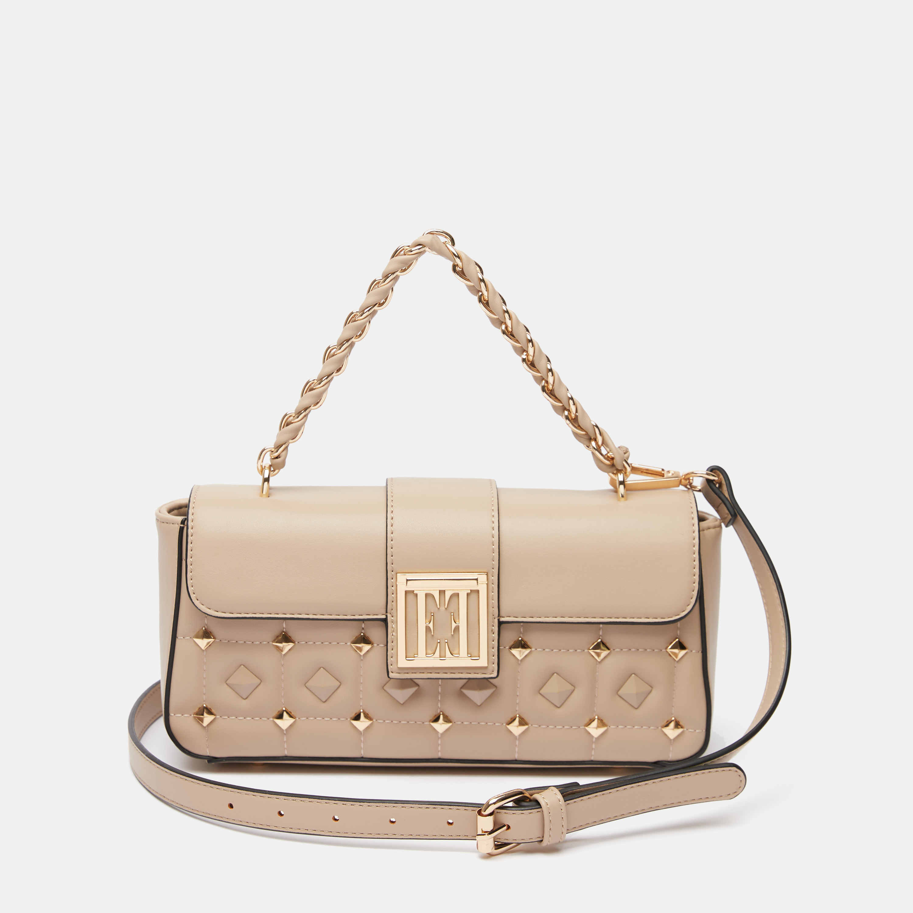 ELLE Quilted Satchel Bag with Stud and Chain Detail-women-bagsandwallets-handbags-image-1