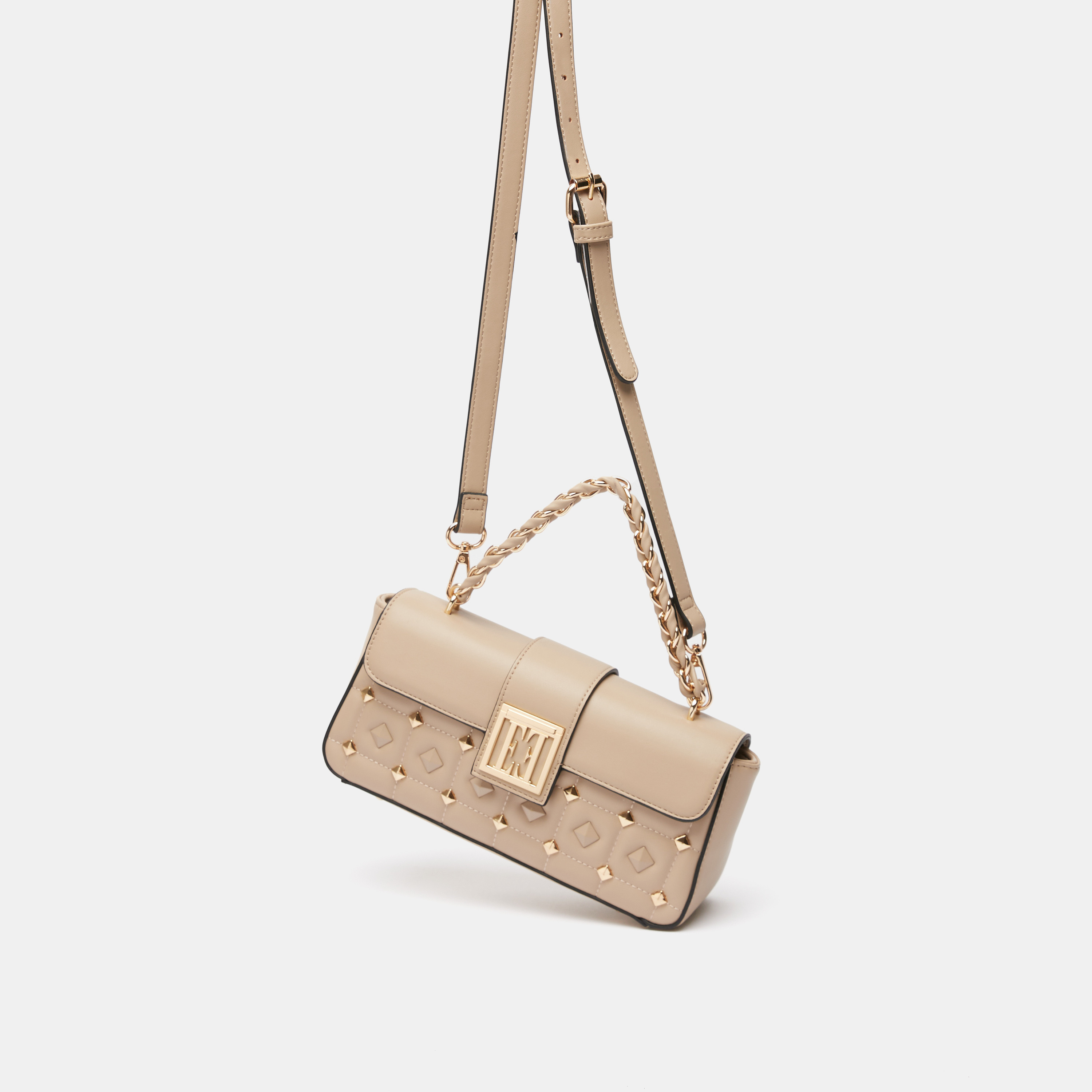 ELLE Quilted Satchel Bag with Stud and Chain Detail-women-bagsandwallets-handbags-image-2
