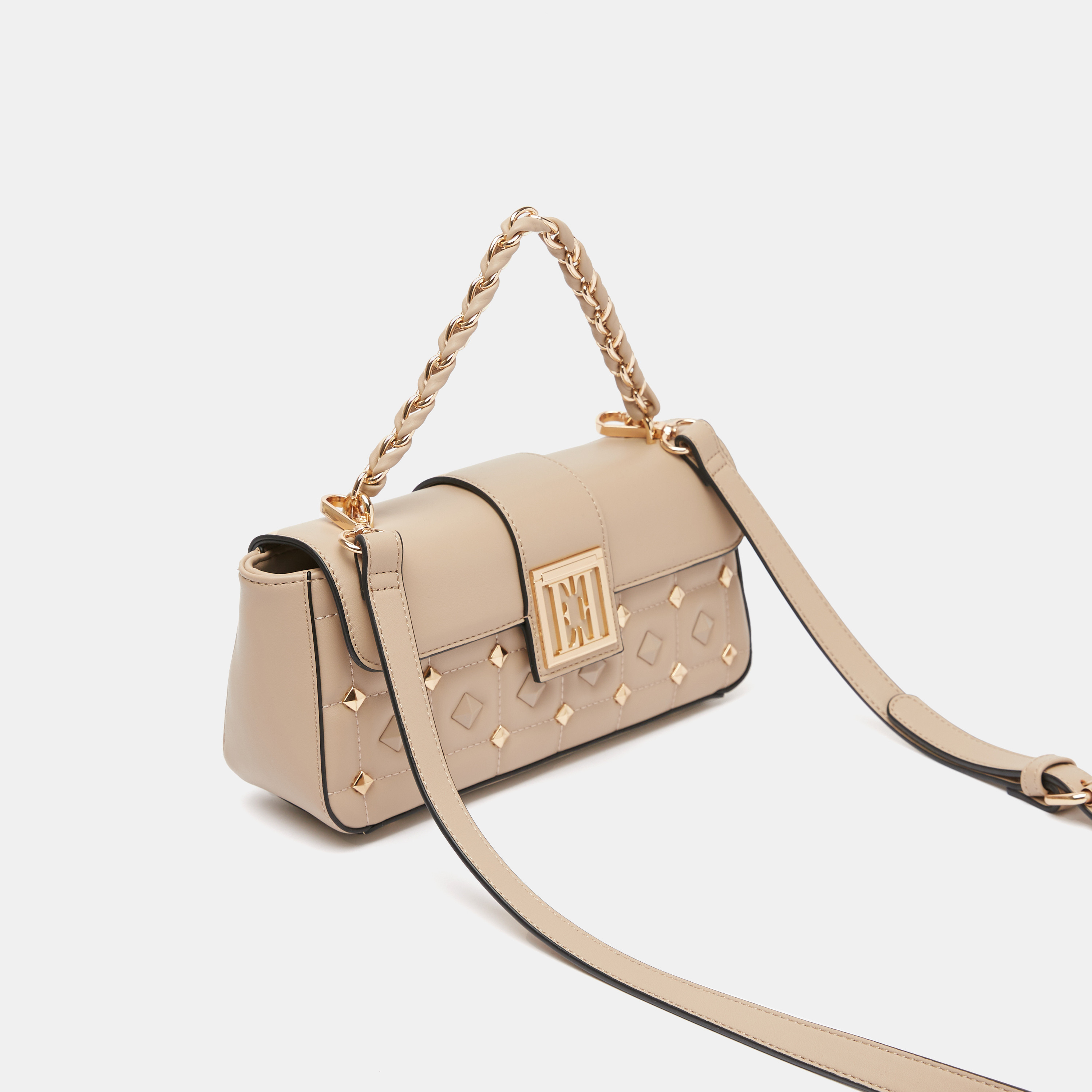 ELLE Quilted Satchel Bag with Stud and Chain Detail-women-bagsandwallets-handbags-image-3