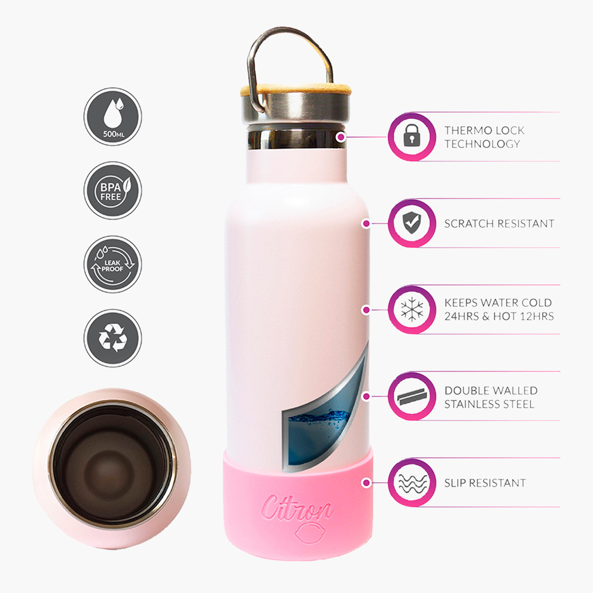 Citron Solid Double Insulated Water Bottle - 500 ml-school-waterbottles-image-2