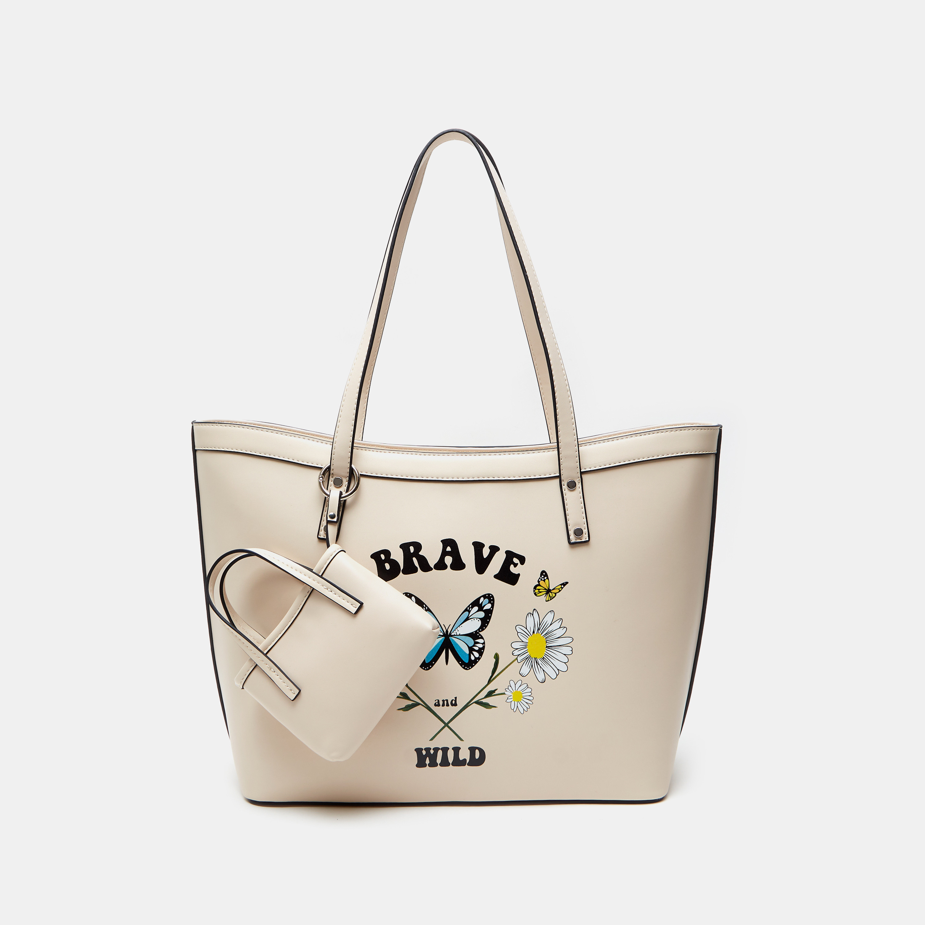 Missy Slogan Print Shopper Bag with Pouch and Double Handle-women-bagsandwallets-handbags-image-1
