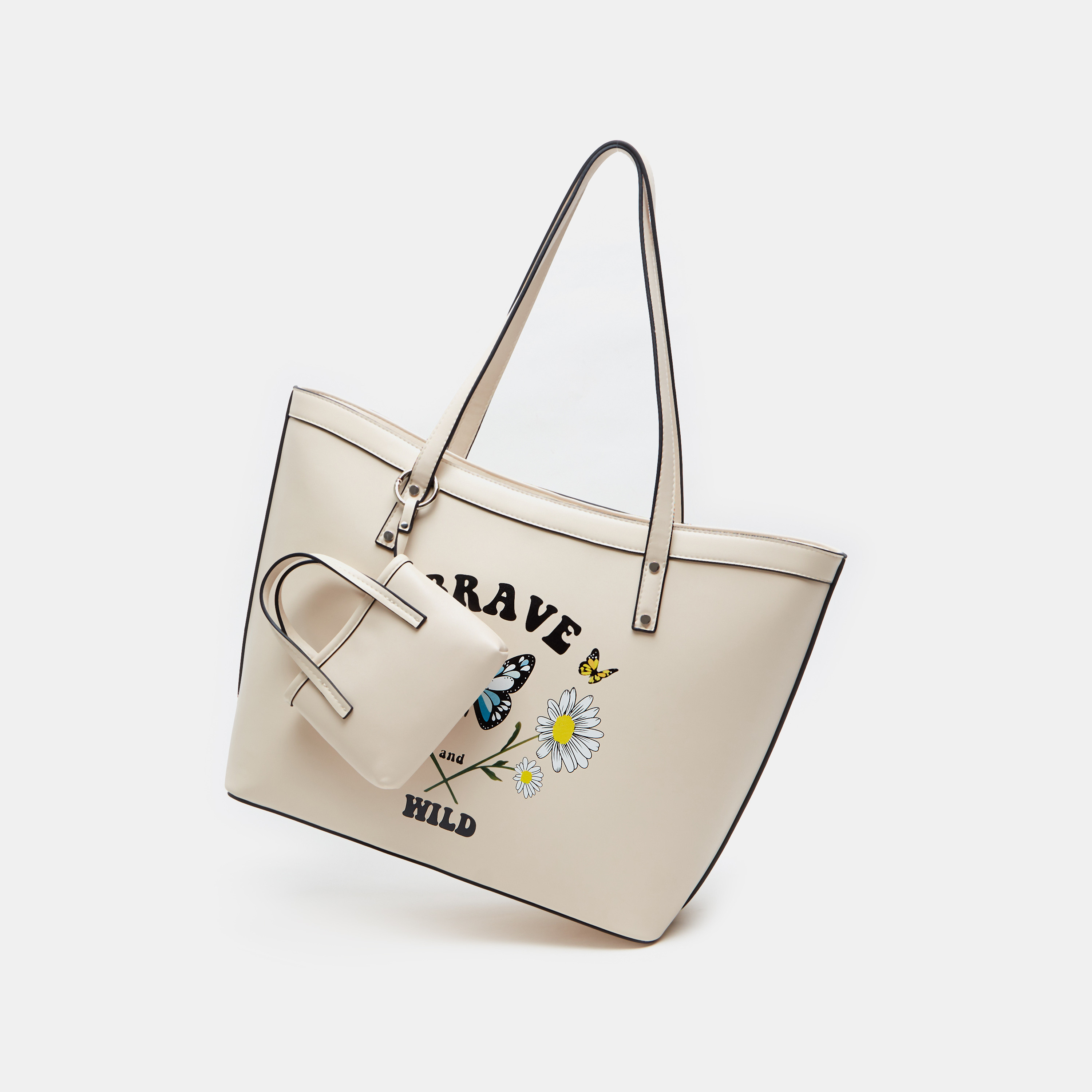 Missy Slogan Print Shopper Bag with Pouch and Double Handle-women-bagsandwallets-handbags-image-2