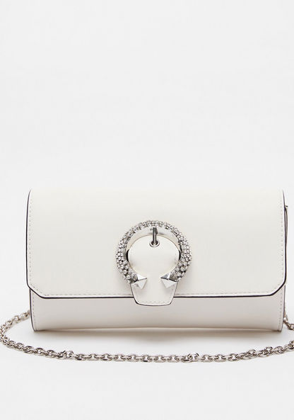 Celeste Solid Clutch with Embellished Buckle and Chain Strap