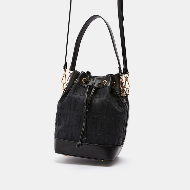 ELLE Embossed Bucket Bag with Detachable Strap and Drawstring Closure