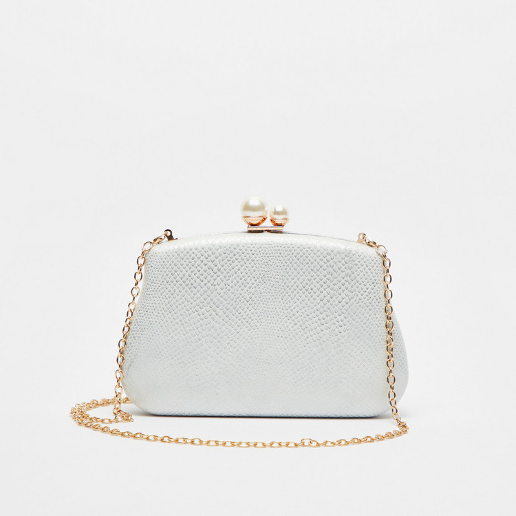 Celeste Textured Clutch with Pearl Accents and Chain Strap